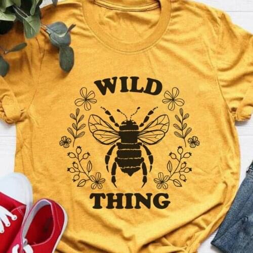 Wild Thing Bumble Bee Print Vintage T-Shirt Women Boho Style Botanical Tee Cute Aesthetic Vegan Shirt Gifts for Nature Lovers