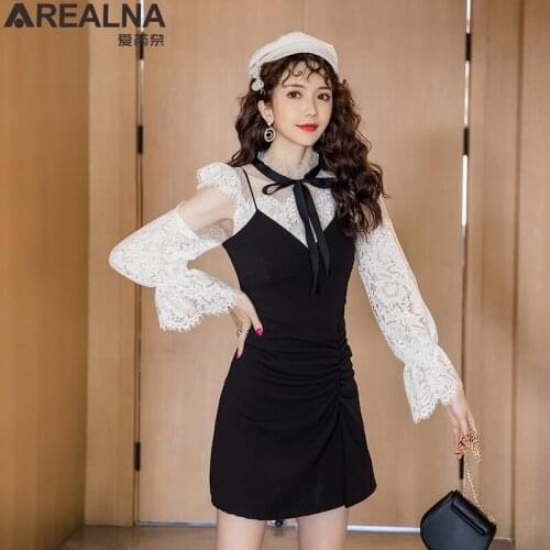 2 piece set women bow Lace tops+ strap dress Elegant Party Evening club outfits summer Korean OL Pencil sexy Suit Two Piece Set