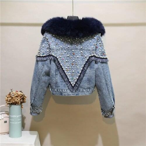Womens Diamond Beading Real Fox fur thick warm denim coat female winter real rabbit fur liner detachable real fur coat F2514
