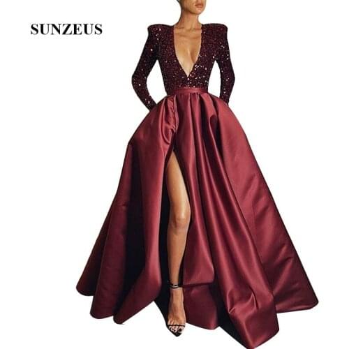 2020 Fall Winter Fashion Couture Long Sleeves Burgundy Evening Dresses Deep V-Neck Sequins Formal Gown Satin Women Wear
