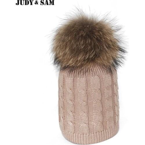 3-7Years Headwarm 100% Cotton 2 LayersThick Baby Beanie with Detachable Real Raccoon Fur Pompom Caps Hats Hat for Girl and Boys