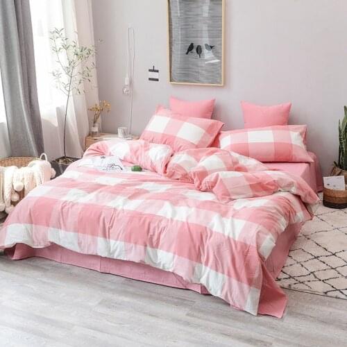 Pink plaid style 100% cotton Wash cotton 3pcs duvet cover sets(1pcs duvet cover+2pcs pillowcase) 3pcs bedding set