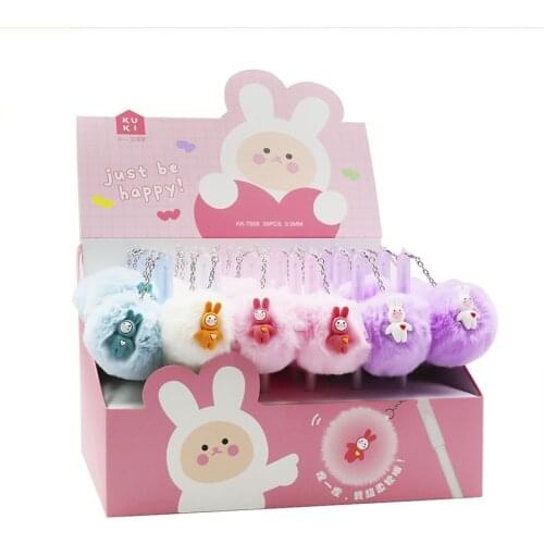 30 pcs/lot Kawaii Rabbit Hairball Pendant Gel Pen Cute 0.5mm Black Ink Neutral Pens Promotional Gift Stationery School Supplies
