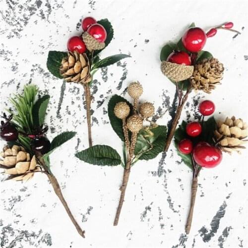 5pcs Christmas Artificial Flower Red Berry Pine Cone Picks With Holly Branches For Holiday Floral Greeting card Decor Crafts
