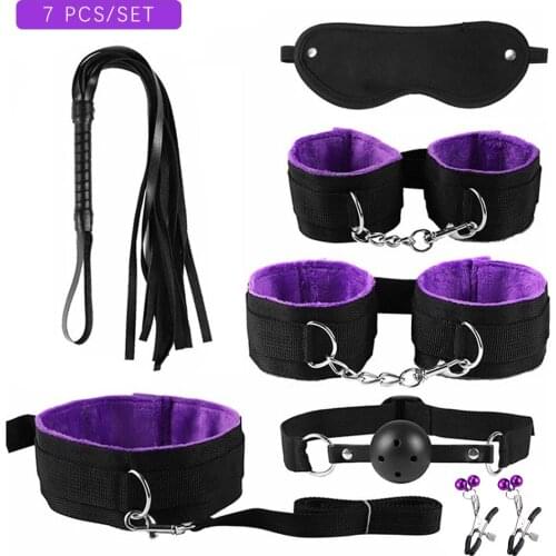 7PCS Erotic BDSM Bondage Set Nipple Clip Flush Handcuffs Sexy Whip Sex Toys For Couples Slave Restraints PU Leather Eye Patch