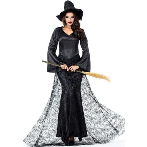Adult Women Halloween Gothic Devil Scary Witch Costume Dark Black Spider Cobweb Robe Satin Lace Floor Dress For Ladies M-2XL