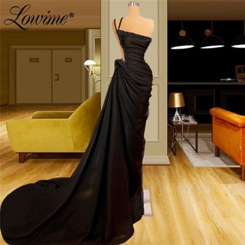 Black Long Party Dress Beaded Mermaid Evening Dresses Satin Arabic Evening Gowns 2021 Customized Wedding Party Dress Vestidos