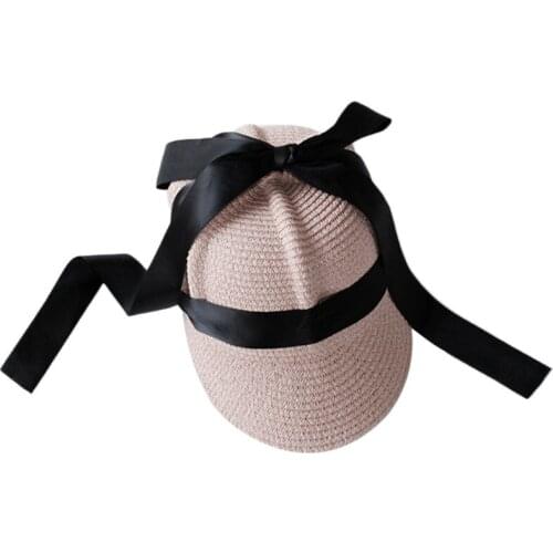 Kids Summer Woven Straw Baseball Cap Sweet Plaid Ribbon Bow Sunscreen Peaked Hat A0NF