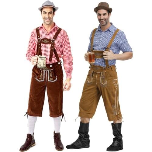 Mens Oktoberfest Carnival Costumes Beer Lederhosen Bavarian German Adult Party Cosplay Overall Shirt Outfit Hat