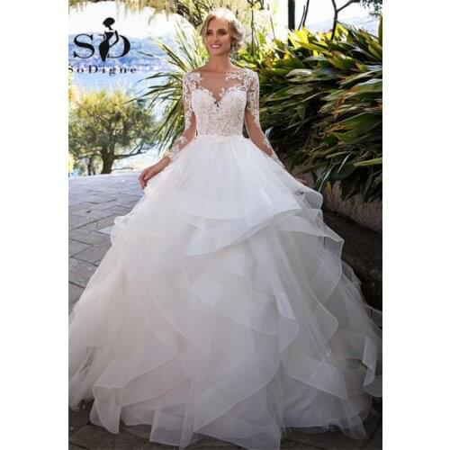 Elegant Lace Appliques Long Sleeve White Ball Gown Wedding Dresses luxury Sexy Tulle Bridal Dresses vestido de noiva princesa