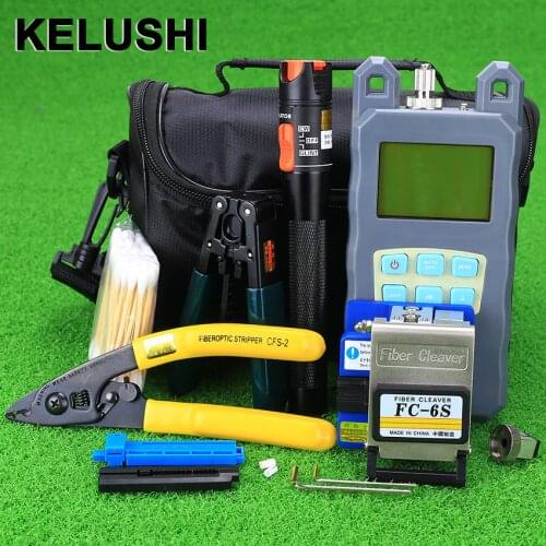 KELUSHI 19pcs Fiber Optic Ftth Tools Kit Optical Fiber Cleaver Visual Fault Locator 10mw VFL Optical Power Meter fibre stripper