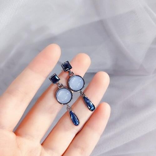 Classic Rhinestone Round Women Dangle Earrings Crystal Blue Drops Cats Eye Geometric Earrings Drop Earrings Jewelry Earrings