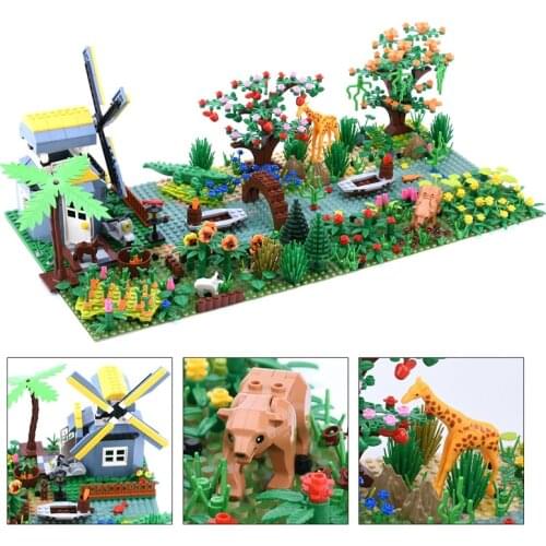 City MOC Street View Garden DIY Bricks Parts Animal Giraffe crocodile Plant Grass Tree Windmill Building Blocks Toy For Kid City