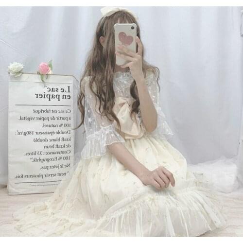 Kawaii Lolita Dress Soft Girl Summer Super Fairy Bow Mesh Embroidery Lolita Daily Sling Dress Female