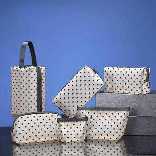 Ins mesh flocking love cosmetic bag portable lipstick bag travel toiletry storage bag sub-packed toilet bag 6-piece set
