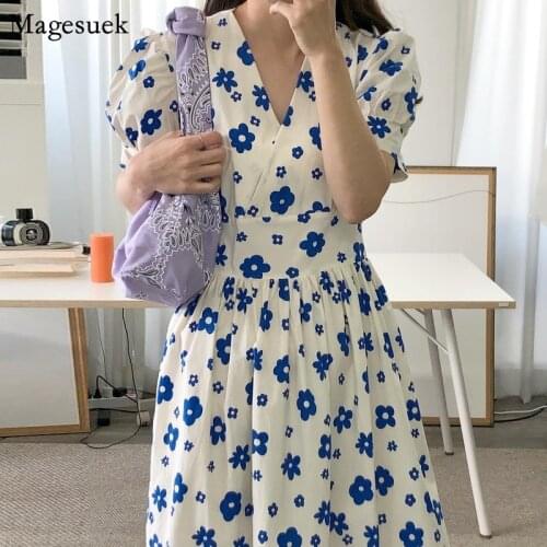 New Puff Sleeve Floral Dress Women Summer Korean Elegant Oversize Print White Dress Plus Size Loose Casual Dresses Vestido 15167