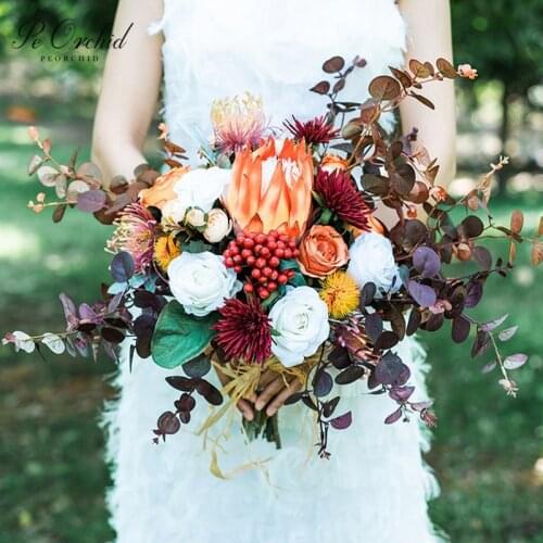 PEORCHID Autumn New 2020 Orange Red Wedding Bouquets Rose Eucalyptus Artificiel Bride Hand Holding flower Bridal Decoration