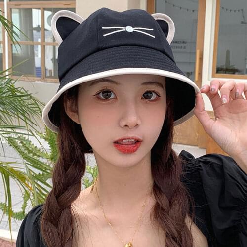 Fisherman Hat Cat Ear Bucket Hat Spring Summer Autumn Winter Cotton Ladies Panama Outdoor Hiking Beach Fishing Sunscreen Hat Bob