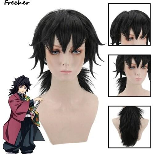 Anime cosplay Tomioka Yoshiyuki gradient wig Black Short Heat Resistant Synthetic Heat Hair Cosplay Costume Wigs + Wig Cap