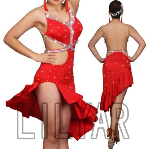 New Latin Dance Dress Competition Dress Costumes Skirt Performing Dress Sparkly Rhinestones Adult Customize Children
