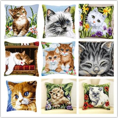 Cross Stitch Pillow Mat DIY Craft Cute Cat Latch Hook Kit 42CM by 42CM Needlework Crocheting Cushion Embroidery