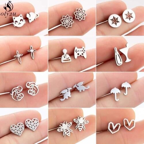 Simple Stud Earrings Women Korean Geometric Cat Snowflake Umbrella Bee Earings Trendy Jewelry Stainless Steel Ear Studs brincos