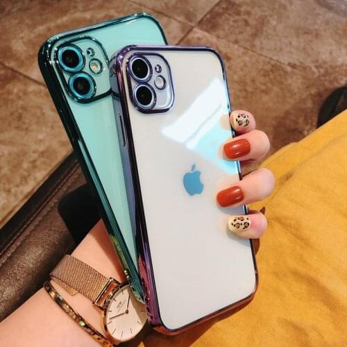 Transparent Electroplated Square Phone Case For iPhone 12 11 Pro SE 2020 X XR XS Max 7 8 Plus Solid Color Soft TPU green Cover