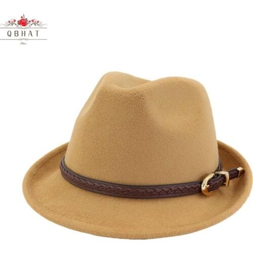 Wholesale Autumn Winter Men Women Fashion Vintage Wool Felt Fedora Hats Roll Edge Jazz Hat with Belt Buckle for Church Party