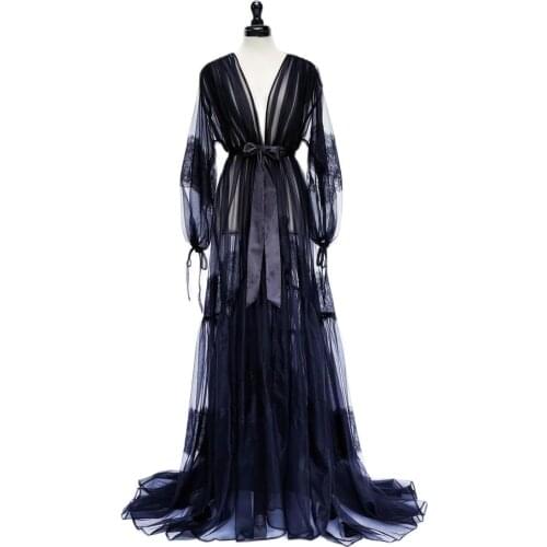 Navy Women Dressing Gown Lace Tulle Long Wedding Party Pajamas Women Bathrobes Bride Boudoir Sleepwear Nightgowns with Belt