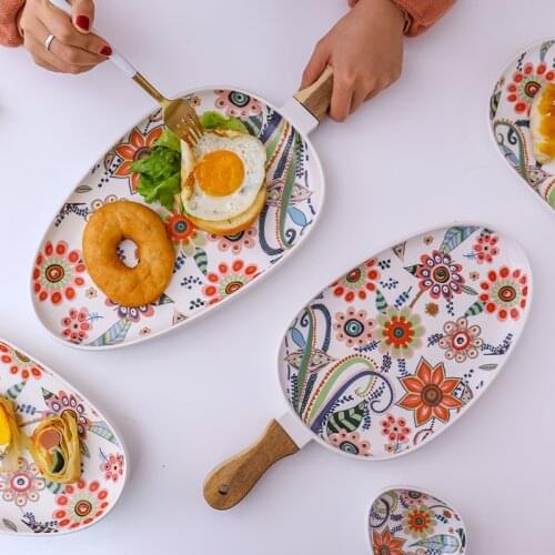 Butterfly Love Flower Series High Temperature Matte Glazed Wooden Handle Oval Steak Plate Western Food Plate Ceramic Plate