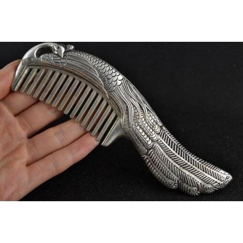 Elaborate Decorative Hand- carved Tibetan Silver Practical Peacock Comb