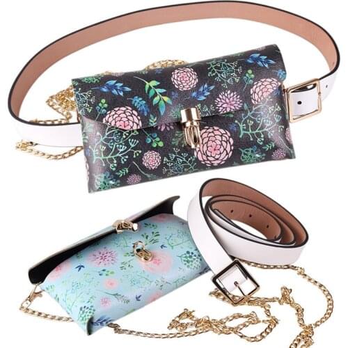 8PCS / LOT National Style Vintage Waist Bag for Women Print Flower PU Leather Waist Pack Chain Money Belt Pouch Pack