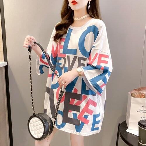 Summer new Korean version of large size womens loose short-sleeved t-shirt letter printing round neck half-sleeved top