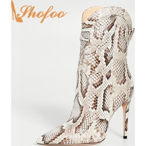 Snake Skin Embossed Ankle Boots High Square Heels Woman Pointed Toe Pull On Large Size 12 16 Ladies Fashion Booties Shoes Shofoo