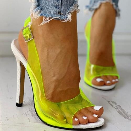 Sandles Women Summer Lady Sexy 2021 Peep Toe Shoes PVC Transparent Strap Buckle Thin Heels