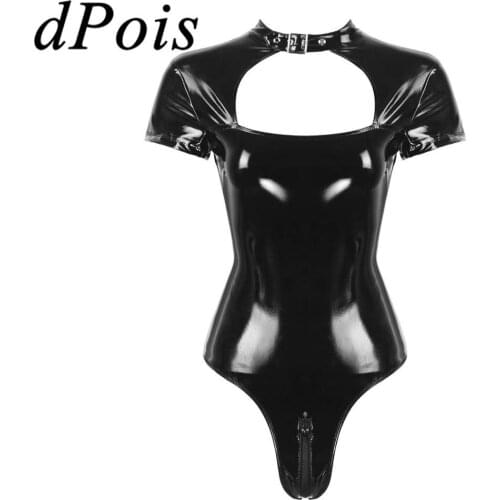 Womens Wet Look Patent Leather Lingerie Chest Cutout Adjustable Collar Neck Short Sleeves Zipper Leotard Sexy Woman Bodysuit