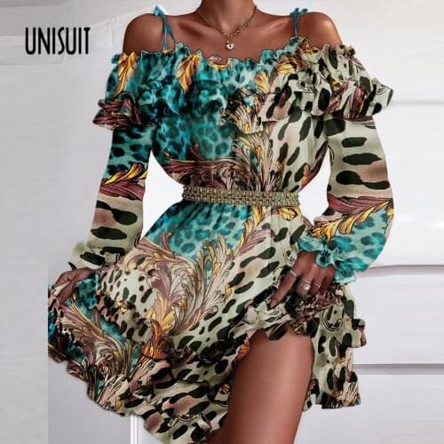 Off Shoulder Sling Women Dress Retro V Neck Floral Printed Lady Dresses 2021 Autumn Long Sleeve Colorful Party Dress Vestidos