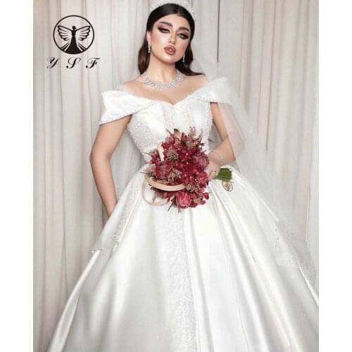 2022 Elegant Robe De Mariee Illusion O Neck Beaded Stones Short Sleeve Ball Gown Wedding Dresses