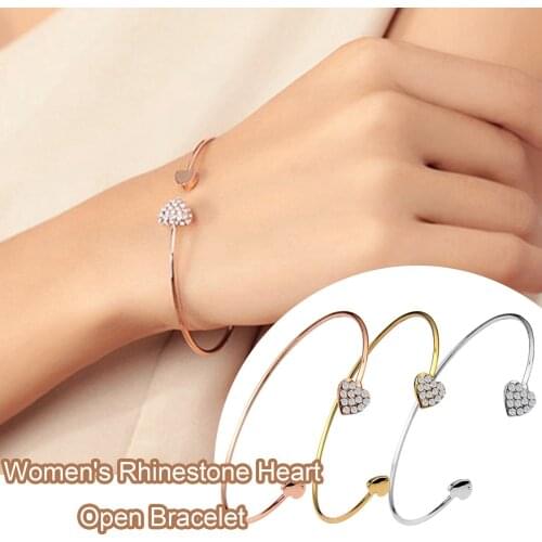 Womens Cute Elegant Heart and Bowknot Cuff Bracelet Bangles Crystal Charming Accessory Rotatable Fine Wrist Jewelry