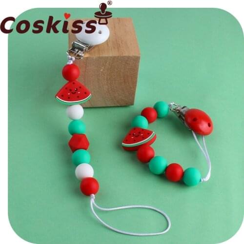 Coskiss 1pcs Food Grade Silicone Beads Red and White Watermelon No BPA Baby Nipple Holder Chain Pacifier Clips Bath Gift