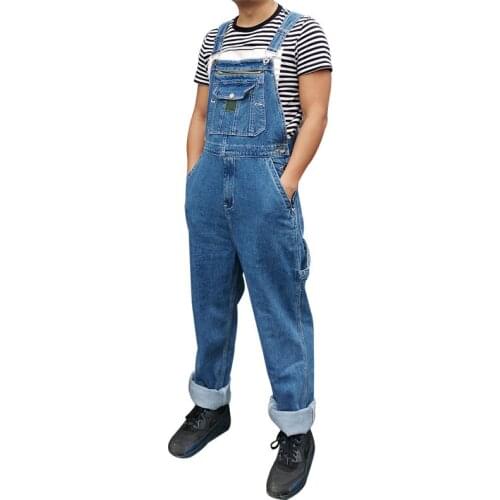 Loose Large Size 50 2021 Jeans Bib Men Overalls Denim Jumpsuits Straight Big Pocket Coverall Wide Leg Pants Blue Trousers