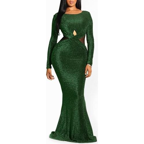 Clocolor Elegant Sequin Green Backless Ladies Sheer Evening Fashion Women Mermaid Tight Party Club Long Sexy Dress Bodycon