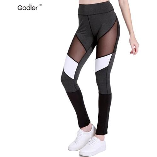 Godier Women Workout Leggings Black Fitness Womens Clothing Contrast Mesh Color Block Two Tone Mesh Insert Leggings