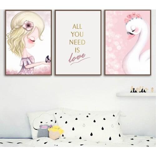 Nordic Girl Kawaii Pink Prin Cess Swan nursery Decorative Canvas Painting Poster Wall Pictures Kids Childrens Room Home Decor