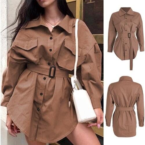 Kili Long-Sleeved Casual Solid Color A-Line Mini Dress Pocket Buttoned Tie Waist Slimming Shirt Dress Autumn