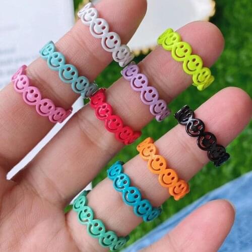 10PCS, Vintage Colorful Happy Smiling Face Open Rings for Women Punk Hip Hop Adjustable Ring Fashion Jewelry Best Gift