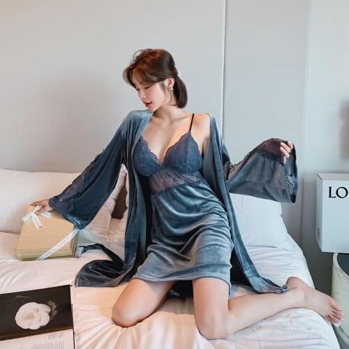 2PCS Sexy Velvet Robe Set With Belt Womens Satin Pijamas Set Nightgown Winter Sleepwear Bathrobe Night Dress Femme Pijamas M-XL