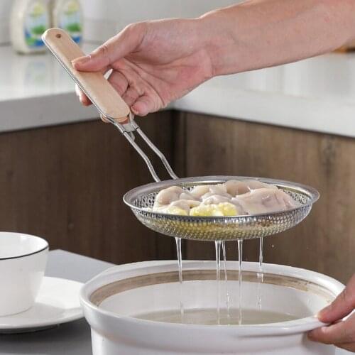 Creative Multi-Function Wooden Handle Stainless Steel Leaky Spoonful Household Kitchen Tools Scoop Dumpling Filter