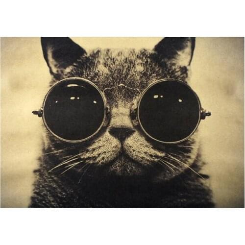 Cool Handsome Cat Sunglasses Rock Animal Kraft Paper Bar Poster Retro Poster Decorative Painting Wall Sticker 51x35.5cm