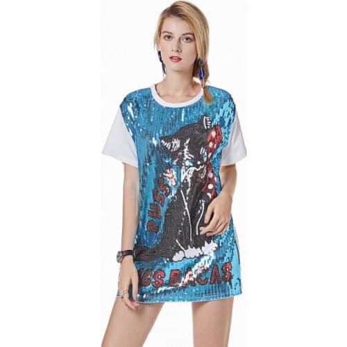Summer Harajuku T Shirt Women Cartoon Cat Pattern Sequins T-shirt Students Punk Clothes Short Sleeve Tops Kawaii